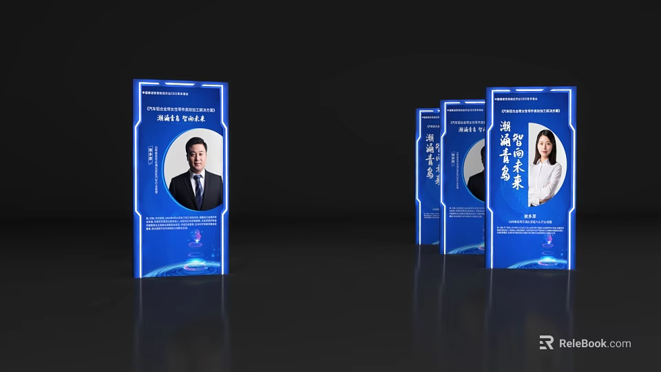 Blue Directional Signage With Portrait Photos And Text In Modern Design 3d model 