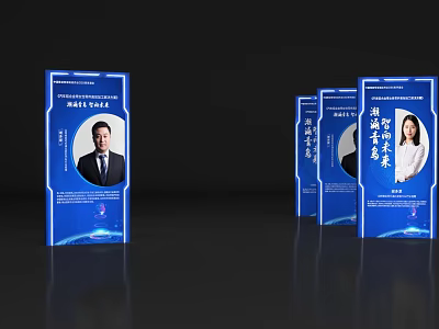 Blue Directional Signage With Portrait Photos And Text In Modern Design 3d model