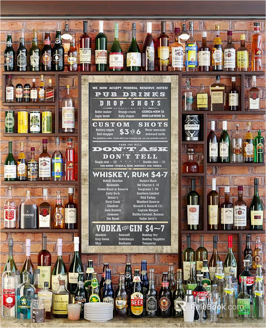 Wine Bottles and Glasses Arranged in Bar with Bricked Wall and Chalkboard Drink Menu 3d model 