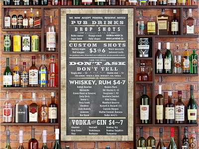 Wine Bottles and Glasses Arranged in Bar with Bricked Wall and Chalkboard Drink Menu 3d model