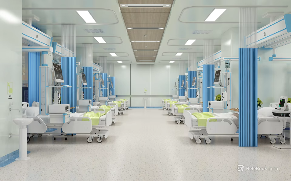 Modern Hospital Ward Interior With Medical Beds Blue Partitions And Ceiling Lights 3d model 