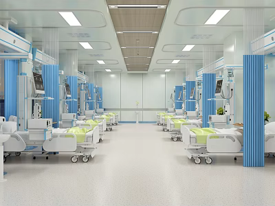 Modern Hospital Ward Interior With Medical Beds Blue Partitions And Ceiling Lights 3d model