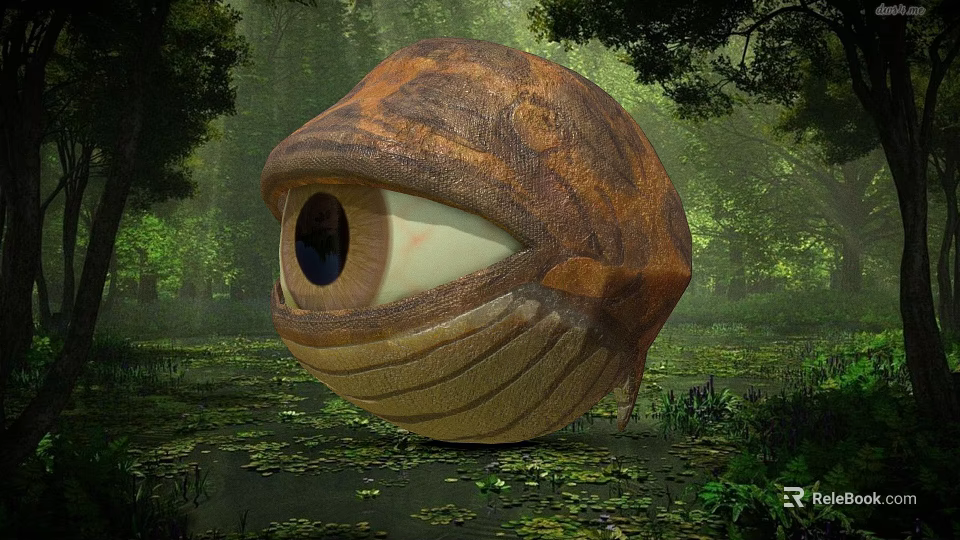 Giant Eyeball Shaped Fantasy Creature In Lush Forest With Lily Pads 3d model 