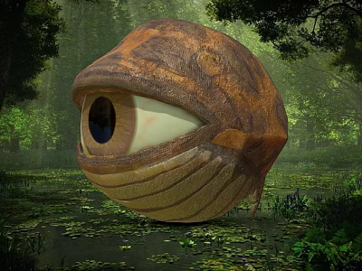 Giant Eyeball Shaped Fantasy Creature In Lush Forest With Lily Pads 3d model
