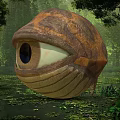 Giant Eyeball Shaped Fantasy Creature In Lush Forest With Lily Pads