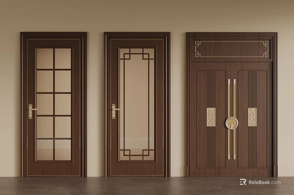 Wooden Sliding Doors With Glass Panels And Decorative Patterns For Interior Design 3d model 