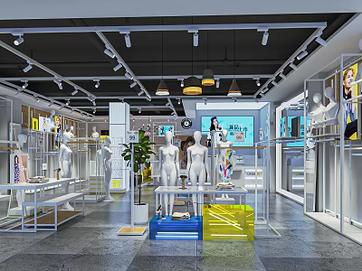 Modern Stylish Clothing Store Interior With Mannequins Display Racks Potted Plant And Lighting 3d model