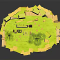 Small House Architecture In Miniature Wooden Block Scene With Green Grass And Trees