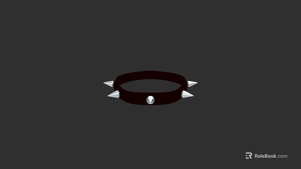 Black Leather Collar With Silver Spikes And Central Decorative Stud 3d model