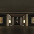 Contemporary Exhibition Hall Interior Featuring Symmetrical Pillars Display Cabinets Central Platform And Scenic Window View