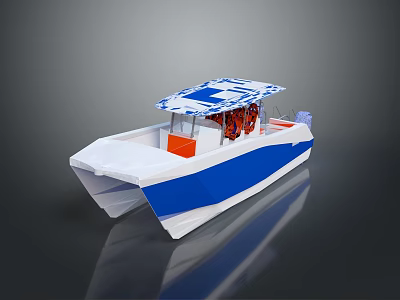 Blue And White Recreational Boat With Canopy Orange Seats And Life Jackets 3d model