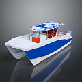 Blue And White Recreational Boat With Canopy Orange Seats And Life Jackets