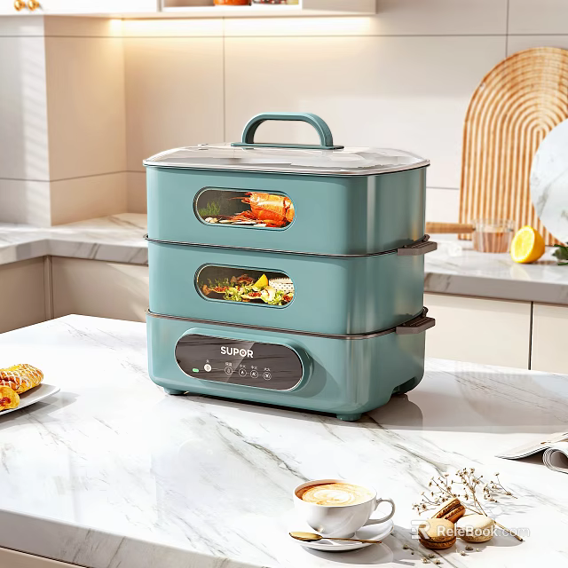 SUPOR Blue Green Three Tier Electric Food Steamer On Kitchen Countertop With Food Inside 3d model 