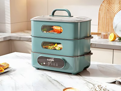 SUPOR Blue Green Three Tier Electric Food Steamer On Kitchen Countertop With Food Inside 3d model