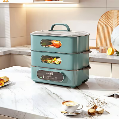 SUPOR Blue Green Three Tier Electric Food Steamer On Kitchen Countertop With Food Inside 3d model