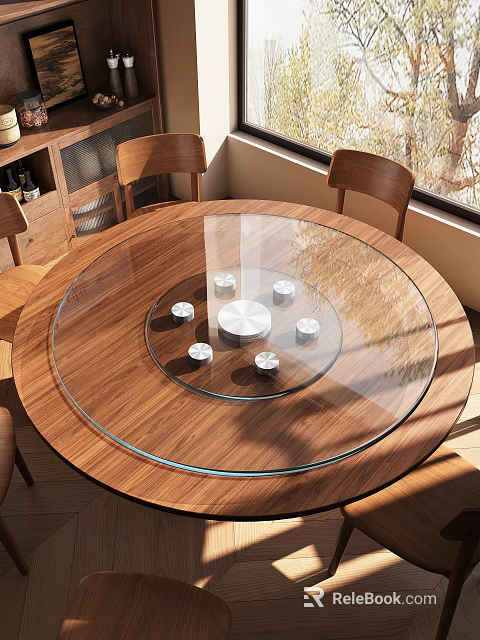 Round Wooden Dining Table Featuring Glass Turntable White Coasters and Wooden Chairs with Natural Light 3d model 