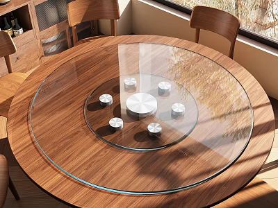 Round Wooden Dining Table Featuring Glass Turntable White Coasters and Wooden Chairs with Natural Light 3d model