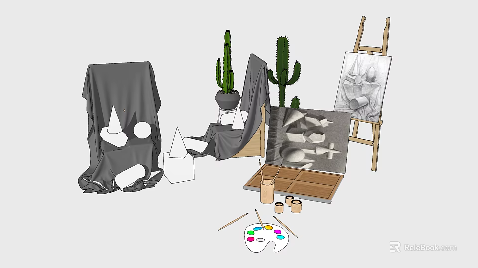 Art Studio Setup with Easel Canvas Palette Paintbrushes Plaster Models Gray Drapery and Cacti 3d model 