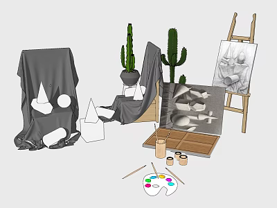 Art Studio Setup with Easel Canvas Palette Paintbrushes Plaster Models Gray Drapery and Cacti 3d model