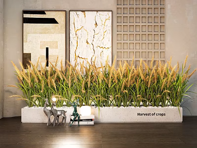 Golden Grass Like Plant Arrangement In White Rectangular Planter With Deer Figurines And Decorative Paintings 3d model