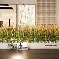 Golden Grass Like Plant Arrangement In White Rectangular Planter With Deer Figurines And Decorative Paintings