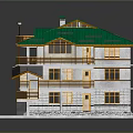 Cartoon Scene of Multi Story Building With Green Roof Wooden Balconies And White Walls