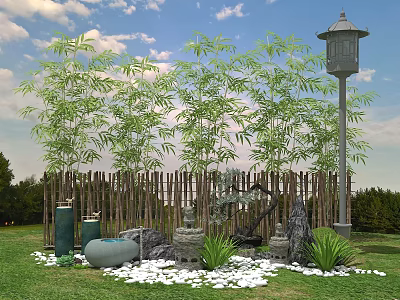 Serene Courtyard Garden With Bamboo Plants Wooden Fence Lantern Post Ceramic Jars And White Pebbles 3d model
