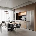 Modern Restaurant Open Kitchen And Dining Space With Wooden Cabinets Sleek Table And Pendant Lights