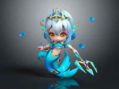Cute Game Character Mermaid With Blue Hair Golden Crown Trident And Bubbles 3d model