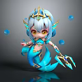 Cute Game Character Mermaid With Blue Hair Golden Crown Trident And Bubbles