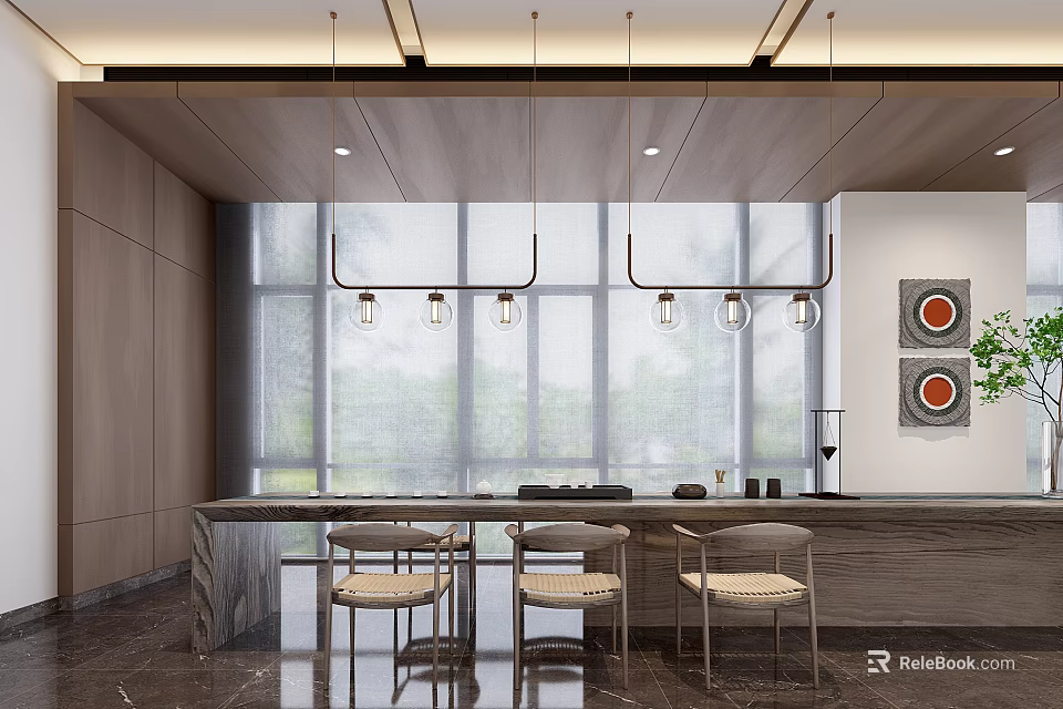 Modern Elegant Leisure Area With Large Windows Pendant Lights Marble Countertop Chairs Greenery And Artwork 3d model 