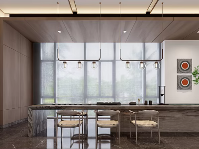 Modern Elegant Leisure Area With Large Windows Pendant Lights Marble Countertop Chairs Greenery And Artwork 3d model