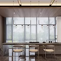 Modern Elegant Leisure Area With Large Windows Pendant Lights Marble Countertop Chairs Greenery And Artwork