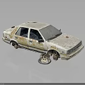 Abandoned Rusty Old Car With Damaged Body Faded Paint And Flat Tire