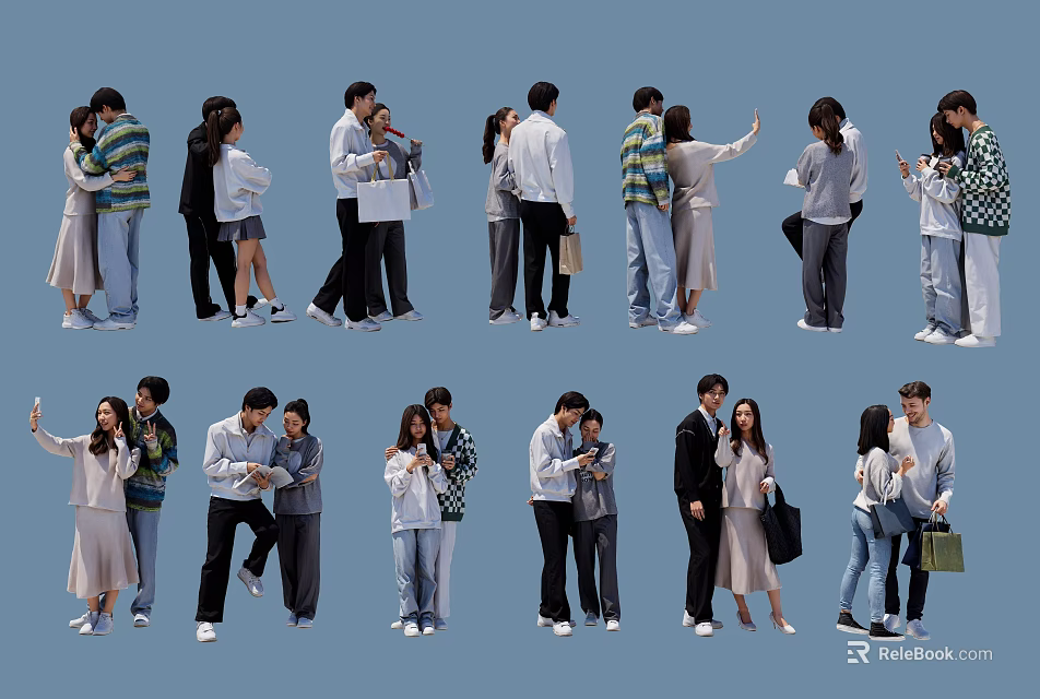 Multiple People in Diverse Poses Hugging Holding Hands and Using Phones on Light Blue Background 3d model 