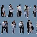 Multiple People in Diverse Poses Hugging Holding Hands and Using Phones on Light Blue Background