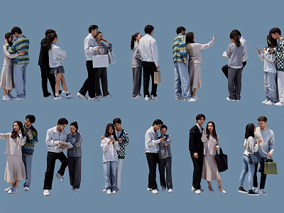 Multiple People in Diverse Poses Hugging Holding Hands and Using Phones on Light Blue Background 3d model