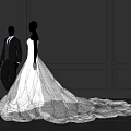 Elegant White Wedding Dress and Black Suit on Mannequins Against Dark Paneled Wall