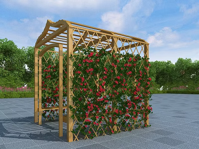 Wooden Pergola Adorned With Climbing Red Flowers Surrounded By Green Trees Under Blue Sky 3d model