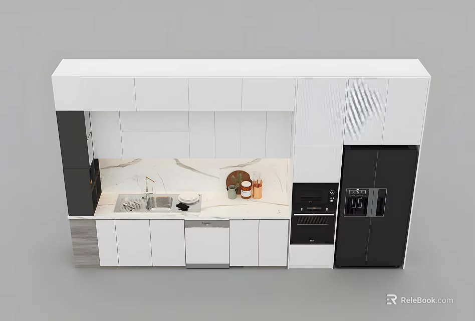 Modern Kitchen Interior With White And Black Cabinets Marble Countertop And Appliances 3d model 