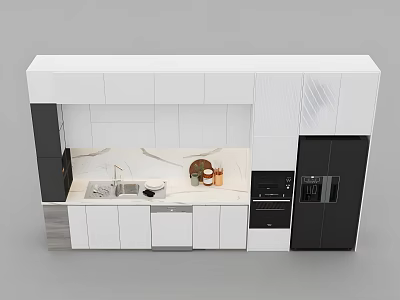 Modern Kitchen Interior With White And Black Cabinets Marble Countertop And Appliances 3d model