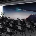 Modern Conference Room With Rows Of Black Chairs Large Projection Screen And City View Windows
