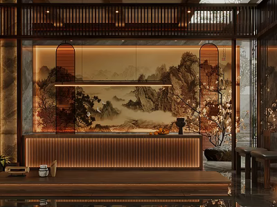Traditional Chinese Style Tea House Interior With Landscape And Wooden Decor 3d model