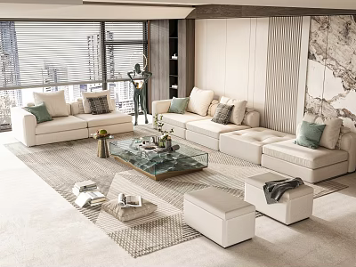 Modern Beige Sofa and Coffee Table Set With Glass Top Throw Pillows and Area Rug 3d model