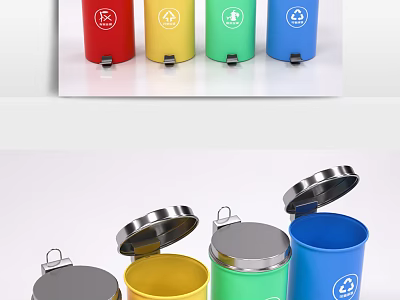 Colorful Public Recycling Bins With Different Colored Lids And Recycling Symbols 3d model