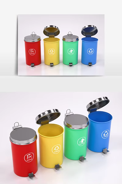 Colorful Public Recycling Bins With Different Colored Lids And Recycling Symbols 3d model