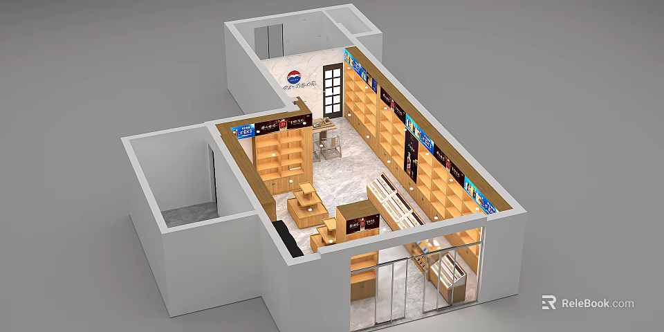 Efficient Retail Store Interior Layout With Shelves And Display Racks In Bird's Eye View Planning 3d model 