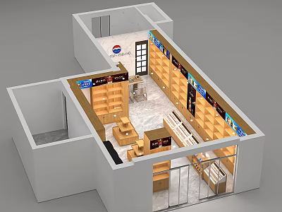 Efficient Retail Store Interior Layout With Shelves And Display Racks In Bird's Eye View Planning 3d model