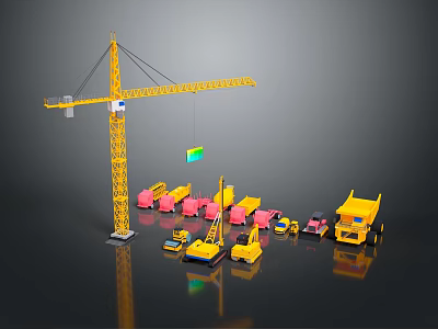 Various Colored Construction Vehicles And Yellow Crane At Work Site Scene 3d model