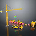 Various Colored Construction Vehicles And Yellow Crane At Work Site Scene